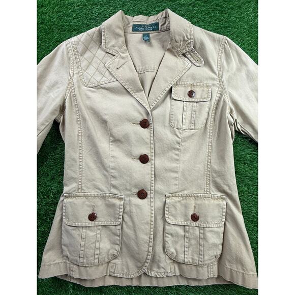 LRL Lauren Jeans Co Safari Field Blazer Jacket Womens Sz S Khaki 100% Cotton Tan - Picture 2 of 11